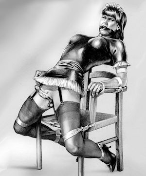 illustration escort femdom perverse prend un malin plaisir à habiller un esclave en petite soubrette soumise